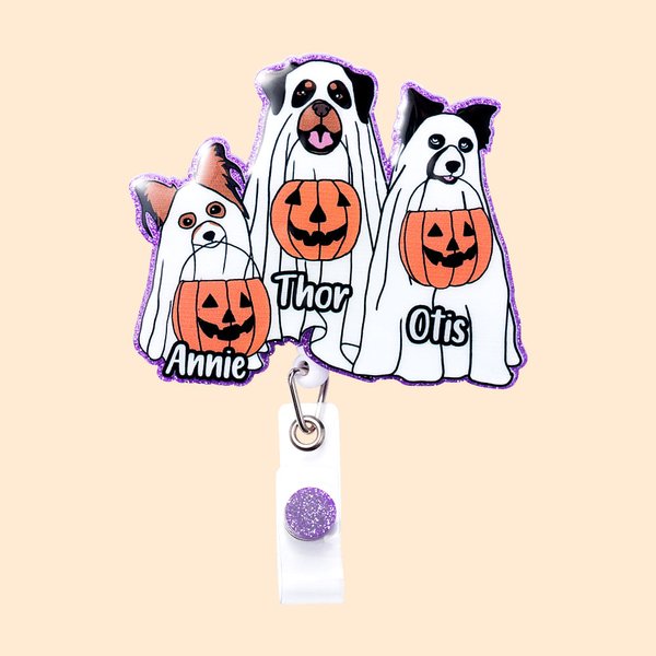 Gepersonaliseerde Leuke Spook Hond Pompoen Badge Reel Glitter Acryl Badge Halloween Gift voor Dog Lover