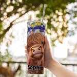 Bicchiere personalizzato da 20 oz con nome Highland Cow Sunflowers American Flag Design con cannuccia e spazzola per la pulizia Regalo di compleanno p