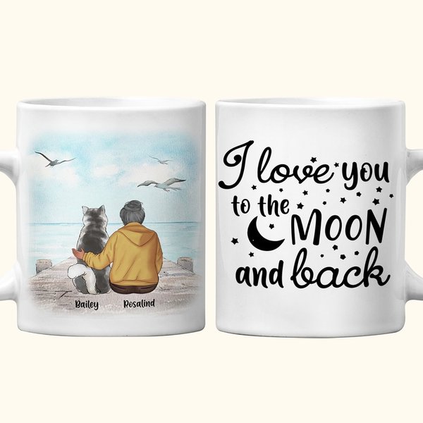 Personalised I Love You To The Moon And Back Seaside White and Colour Inside Ceramic Mug with Name 11/15 oz Gift for Dog Lovers