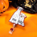 Gepersonaliseerde Leuke Spook Hond Pompoen Badge Reel Glitter Acryl Badge Halloween Gift voor Dog Lover