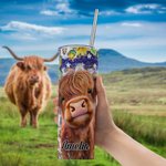 Bicchiere personalizzato da 20 oz con nome Highland Cow Sunflowers American Flag Design con cannuccia e spazzola per la pulizia Regalo di compleanno p