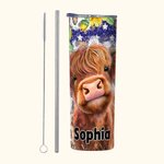Bicchiere personalizzato da 20 oz con nome Highland Cow Sunflowers American Flag Design con cannuccia e spazzola per la pulizia Regalo di compleanno p