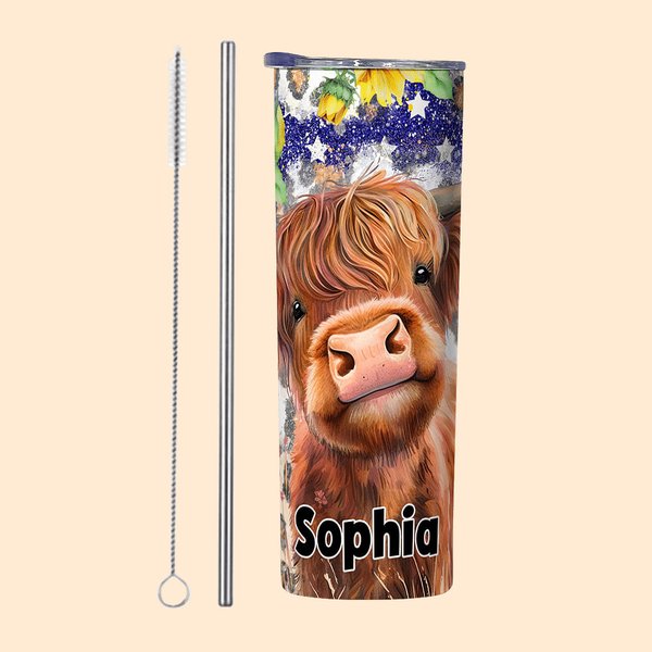 Bicchiere personalizzato da 20 oz con nome Highland Cow Sunflowers American Flag Design con cannuccia e spazzola per la pulizia Regalo di compleanno p
