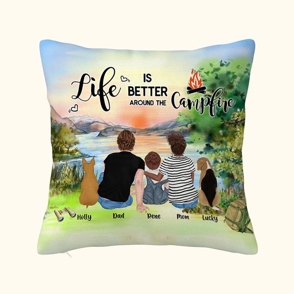 Taie d'oreiller personnalisée Family Camping Sunrise Life Is Better Around The Campfire Cadeau d'anniversaire Cadeau de Saint-Valentin