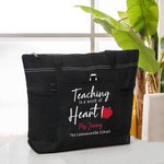 Gepersonaliseerde Teaching Is A Work Of Heart boodschappentas met ritssluiting grote capaciteit Apple patroon tas Kerst Teacher Appreciation Gift