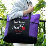 Gepersonaliseerde Teaching Is A Work Of Heart boodschappentas met ritssluiting grote capaciteit Apple patroon tas Kerst Teacher Appreciation Gift