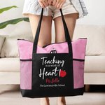Gepersonaliseerde Teaching Is A Work Of Heart boodschappentas met ritssluiting grote capaciteit Apple patroon tas Kerst Teacher Appreciation Gift