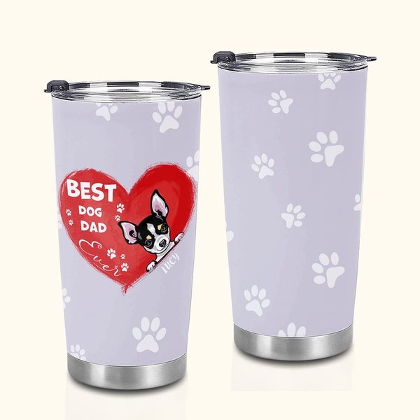 Vaso Personalizado Mejor Perro Papá Corazón Mascota Huella 20oz Vaso con Nombre y Tapa Regalo de Cumpleaños para Amante de Mascotas
