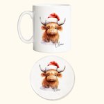 Gepersonaliseerde Kerstmis Highland Koe mok met onderzetter Kerstmis geschenk Verjaardagscadeau Baby Welkom Party Gift voor Highland Koe liefhebber Ki
