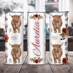 Personalisierte Highland Cow 20oz Skinny Tumbler Floral Kaffee Reisen isolierte Tasse mit Strohhalm und Reinigungsbürste Geburtstag Geschenk für Highl