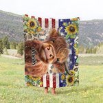 Couverture personnalisée Highland Cow American Flag Sunflower Cadeau pour les amoureux des Highland Cow