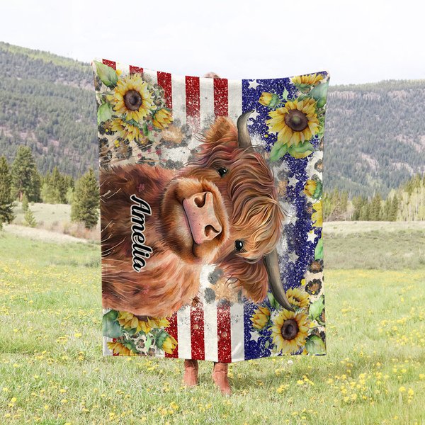 Couverture personnalisée Highland Cow American Flag Sunflower Cadeau pour les amoureux des Highland Cow