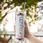 Personalisierte Highland Cow 20oz Skinny Tumbler Floral Kaffee Reisen isolierte Tasse mit Strohhalm und Reinigungsbürste Geburtstag Geschenk für Highl