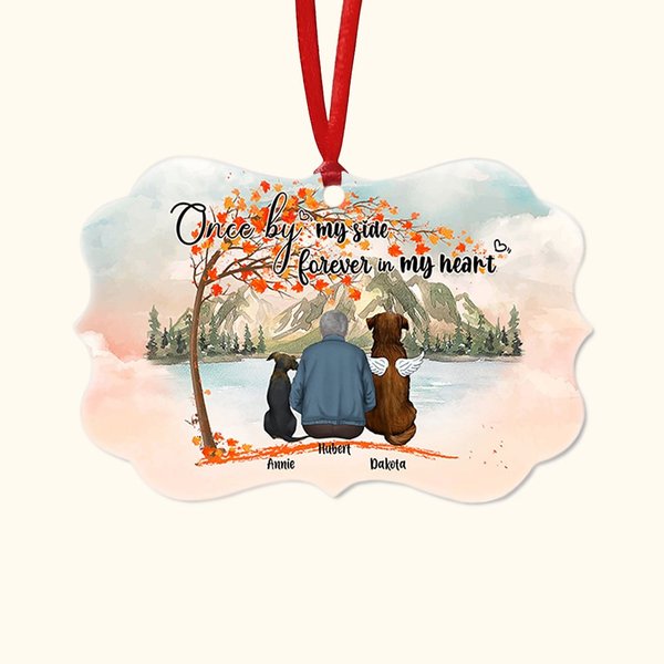 Spersonalizowana ceramiczna ozdoba o nieregularnym kształcie Once By My Side Forever In My Heart z jesiennym zachodem słońca w tle Świąteczny prezent dla właścicieli zwierząt domowych