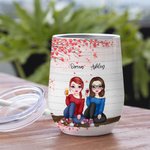 Personalized Besties Will Always Be Connected By Heart with Pink Heart Background Wine Tumbler Gift For Sisters