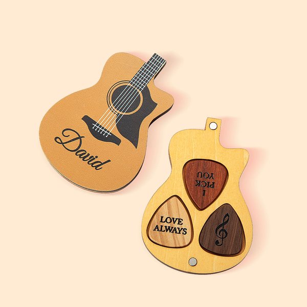 Plettri per chitarra in legno personalizzati con custodia incisa e scatola di supporto Regalo di compleanno per chitarrista musicista