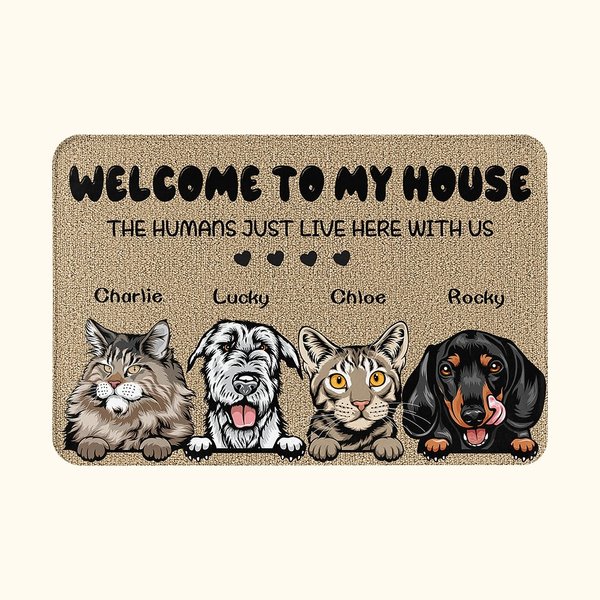 Tapis de Porte Personnalisé avec Dessin de 1-6 Chiens ou Chats Welcome To Our House Cadeau Noël Emménagement pour Propriétaire d'Animal de Compagnie