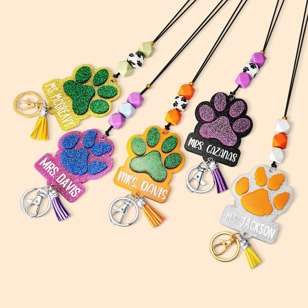 Cordino per badge identificativo personalizzato con stampa a zampa e perline con nappe Regalo di apprezzamento per l'insegnante amante degli animali domestici