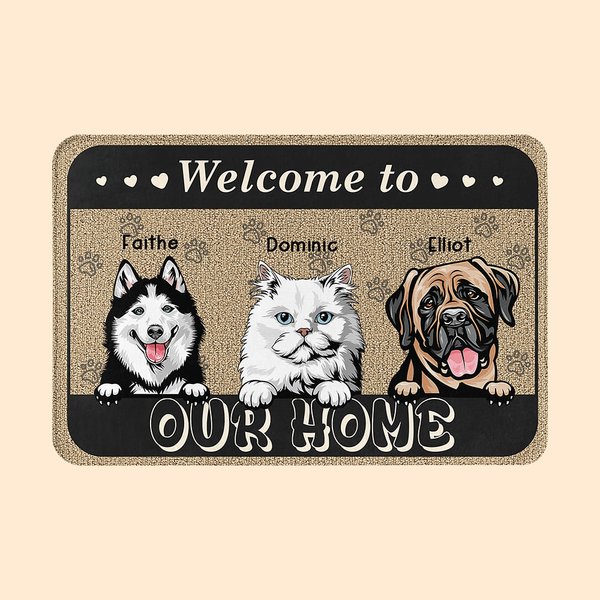 Tapis de Porte Personnalisé avec 1-6 Chiens ou Chats et Noms Welcome To My Home Cadeau Emménagement Fête pour Propriétaire d'Animal de Compagnie