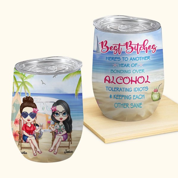 Personlig Best Besties Here's To Another Year Of Bonding Over Alcohol 12oz Wine Tumbler Födelsedag Julklapp för systrar Besties