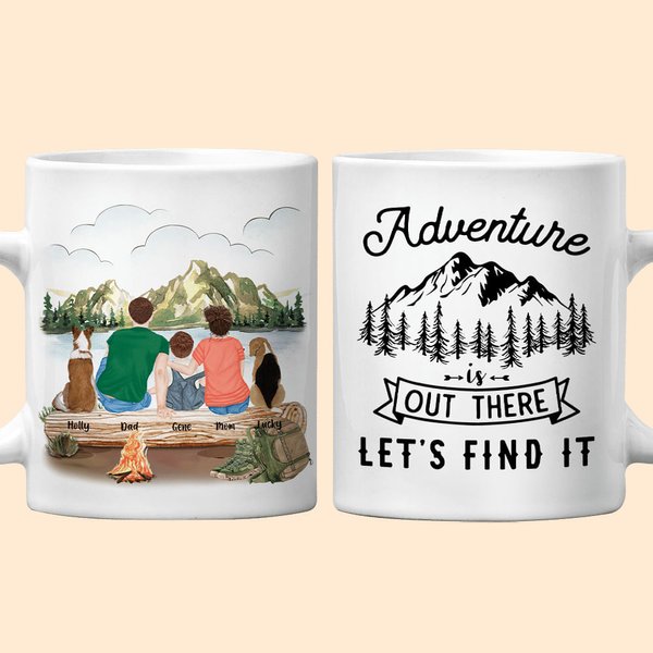 Personalized Adventure Is Out There Let's Find It White Ceramic Mug Family Camping Trip Mug with Names Gift for Family Friend 11oz 15oz