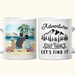 Tazza in ceramica bianca personalizzata L'avventura è là fuori, troviamola Tazza per il viaggio in campeggio della famiglia Regalo per l'amico di fami