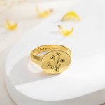Personalised Signet Ring with Birth Flower Christmas Anniversary Gift for Her