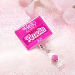 Personalised Hello My Name Is Acrylic Badge Reel Sweets Style Glitter ID Card Retractable Badge Clip Gift for Teacher Nurse Pink Doll Fans