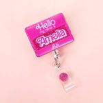 Personalised Hello My Name Is Acrylic Badge Reel Sweets Style Glitter ID Card Retractable Badge Clip Gift for Teacher Nurse Pink Doll Fans