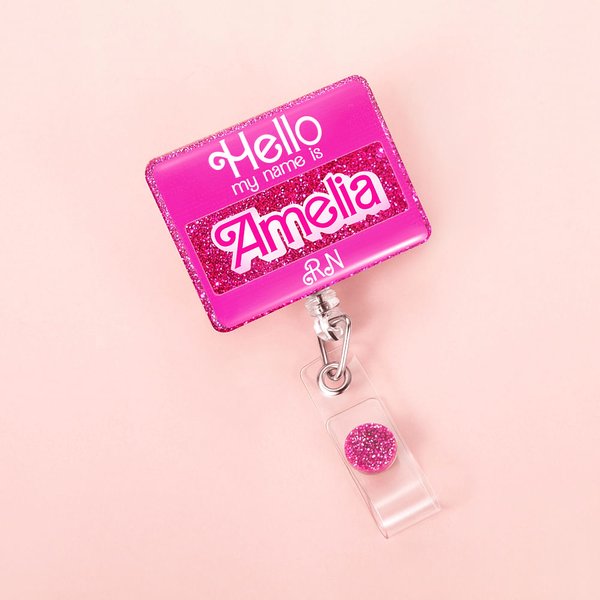 Personalizzato Ciao il mio nome è acrilico Badge Reel Candy Style Glitter ID Card retrattile Badge Clip regalo per l'insegnante infermiera rosa bambol