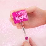 Personalised Hello My Name Is Acrylic Badge Reel Sweets Style Glitter ID Card Retractable Badge Clip Gift for Teacher Nurse Pink Doll Fans