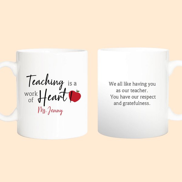 Gepersonaliseerde Teaching Is A Work Of Heart Keramische Mok met Naam en Tekst Leraar Waardering Kerstcadeau voor Leraar