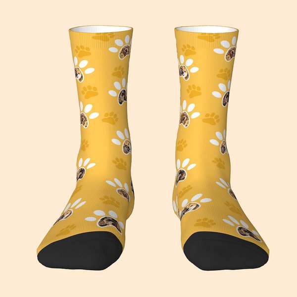 Personalised Colourful Paw Print Pet Photo Crew Socks Knee High Socks Soft Comfort Socks Christmas Gift for Dog Owner Pet Lovers
