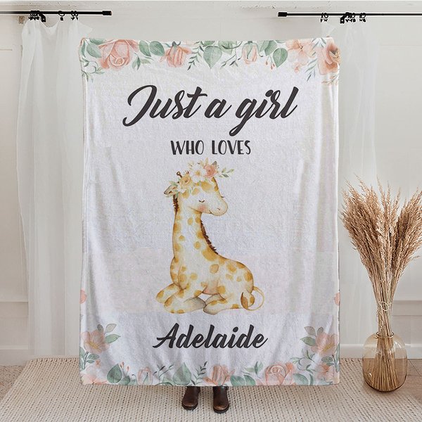 Gepersonaliseerd Just A Girl Who Loves Giraffe Bloemen Deken met Naam Verjaardagscadeau voor Meisjes