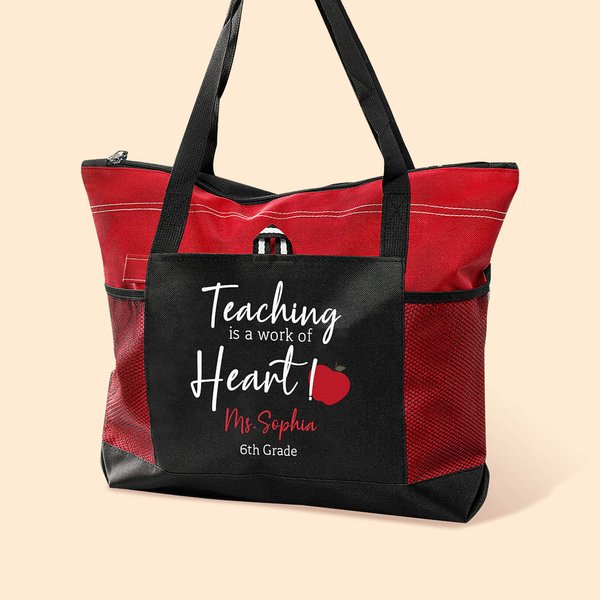 Gepersonaliseerde Teaching Is A Work Of Heart boodschappentas met ritssluiting grote capaciteit Apple patroon tas Kerst Teacher Appreciation Gift