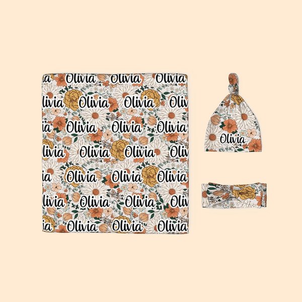 Personalisierte Vintage Floral Swaddle Satz von 3 Baby-Decke Hut mit Namen und Bogen Haarband Weihnachten Baby Dusche Neugeborenen Geschenk für Baby