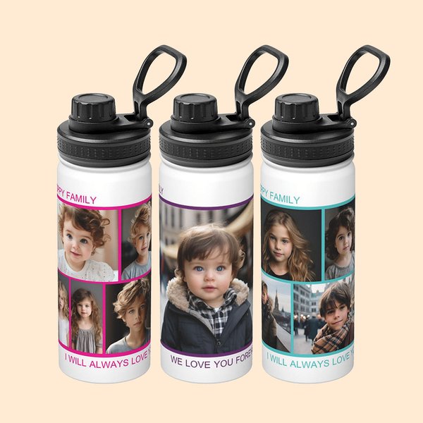 Personalised  Photo Collage Sports Food-Grade Stainless Steel Water Bottle Birthday Christmas Gift for Family Friends Suitable for Outdoor Commuting