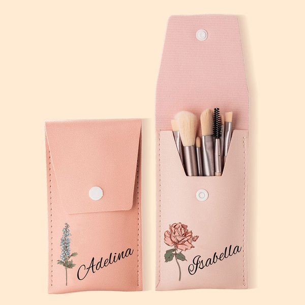 Personalized Watercolor Birth Flower Makeup Brush Bag with 8 Pcs Makeup Brushes Birthday Wedding Christmas Gift for Her