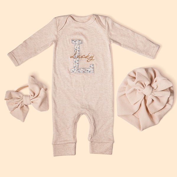 Broderie Personnalisée Fleur Vintage Nouveau-né 100% Coton Ensemble Romper avec Turban et Bow Baptism Home Outfit Gift for Infant