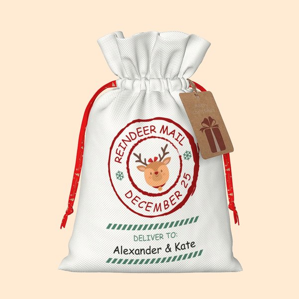 Sacco regalo di Natale personalizzato con renna Sacco di Babbo Natale con coulisse su due lati e mini etichetta Regalo per bambini in famiglia