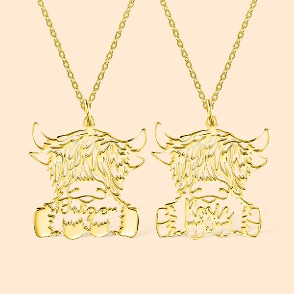 Personalisierte Highland Cow Halskette schottische Kuh Schmuck mit Namen Geburtstag Weihnachten Geschenk für Frauen Mädchen