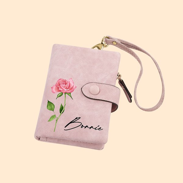 Gepersonaliseerde Tri-Fold Geboortebloem PU Leren Portemonnee met Munthouder Verjaardag Kerstcadeau voor Vrouw