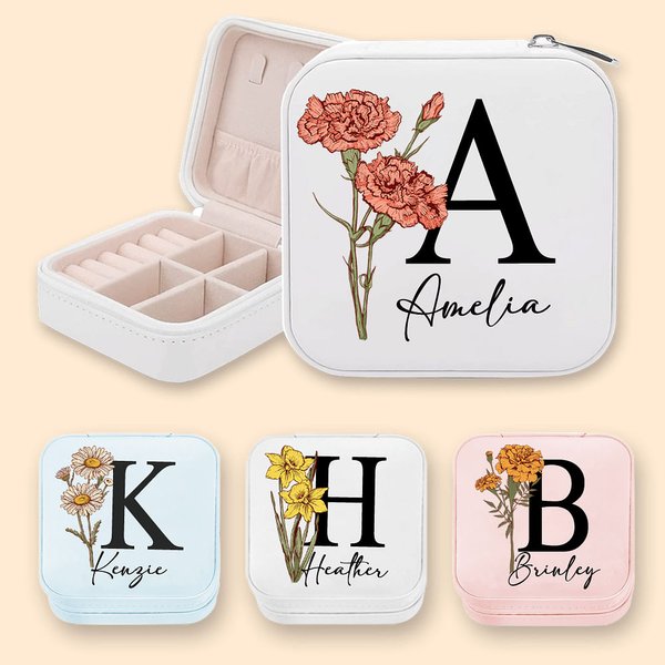 Henkilökohtainen Syntymä Kukka Korut Travel Case Initial nimi joulu häät lahja Morsiusneito Naiset