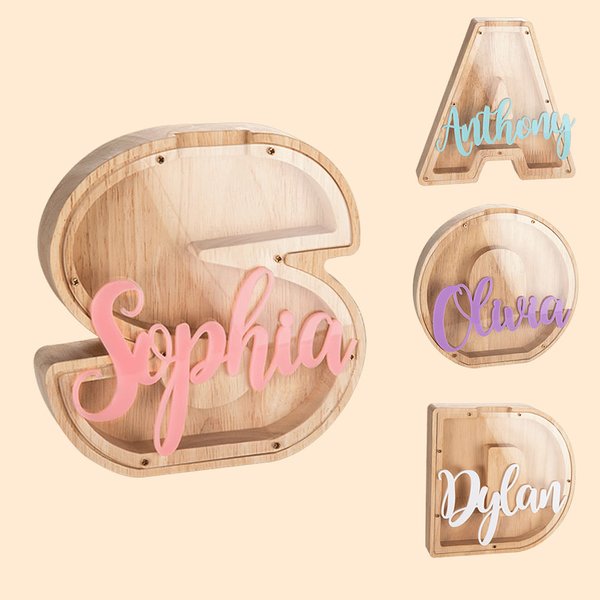 Tirelire de Lettre Personnalisée avec Nom Tirelire en Bois avec Plaque Acrylique Cadeau Anniversaire Fête pour Enfant
