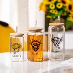 Personalised Highland Cow Name Can Tumbler Glass Coffee Cup with Bamboo Lids Birthday Christmas Gift for Cow Lovers