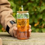 Personalised Highland Cow Name Can Tumbler Glass Coffee Cup with Bamboo Lids Birthday Christmas Gift for Cow Lovers