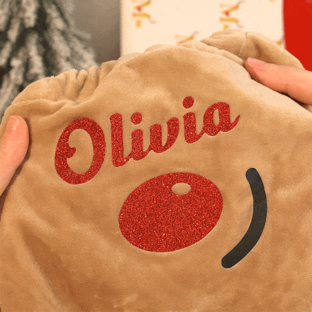 Personalisierte Rentier großen Samt Glitter Drawstring Tasche mit Glöckchen und Name Weihnachtsgeschenk für Kinder