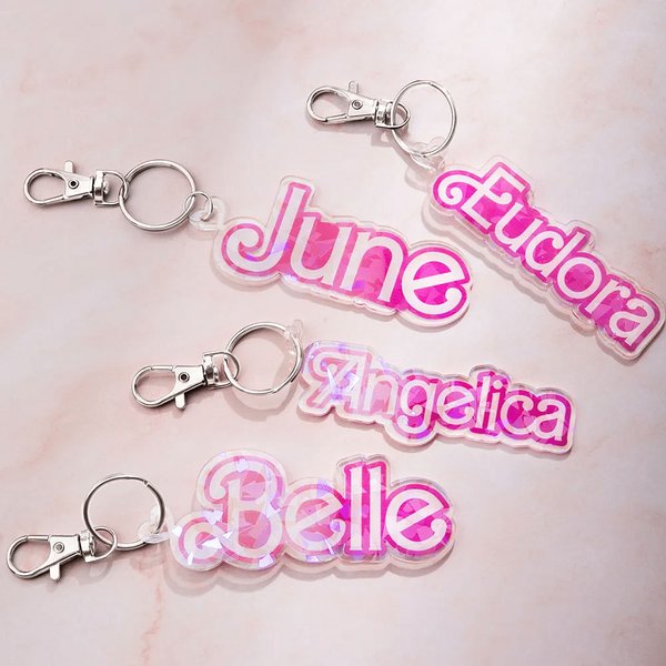 Personalised Sequin Pink and White Fashion Keychain Backpack Tag Accessory Acrylic Decoration Birthday Gift for Fashion Doll Fan