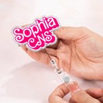 Personalised Doll-like Style Glitter Acrylic Badge Reel Retractable ID Tag with Name Christmas Birthday Appreciation Gift for Nurse Doctor Teacher