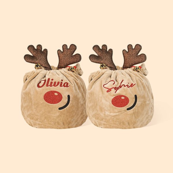 Personalisierte Rentier großen Samt Glitter Drawstring Tasche mit Glöckchen und Name Weihnachtsgeschenk für Kinder